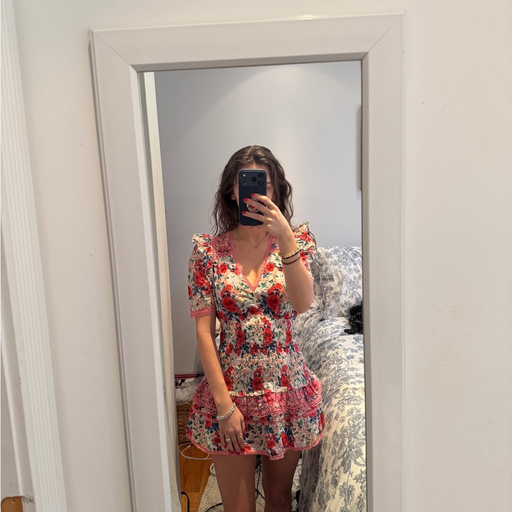 LoveShackFancy Red and White Floral Mini Dress